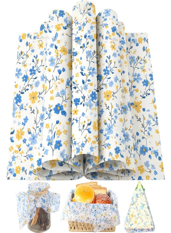 Fabllewavi 150 PCS Spring Wildflower Wax Paper for Food Deli, 9.8 x 8.3 inch Coquette Elegant Blue Floral Patterns Greaseproof Deli Sheets for Sandwich Picnic Basket Liner Spring Party Supplies - Image 1