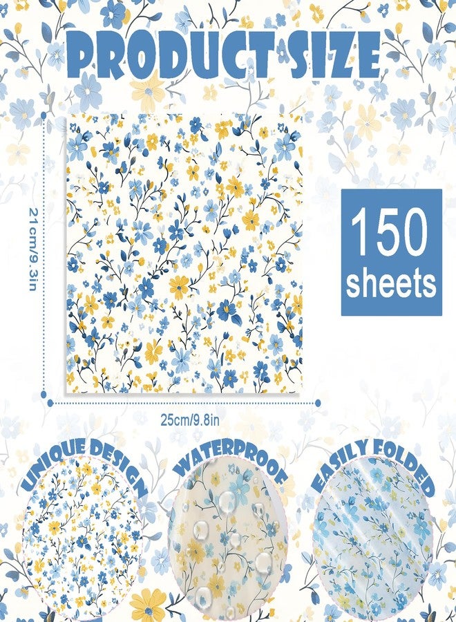 Fabllewavi 150 PCS Spring Wildflower Wax Paper for Food Deli, 9.8 x 8.3 inch Coquette Elegant Blue Floral Patterns Greaseproof Deli Sheets for Sandwich Picnic Basket Liner Spring Party Supplies - Image 2