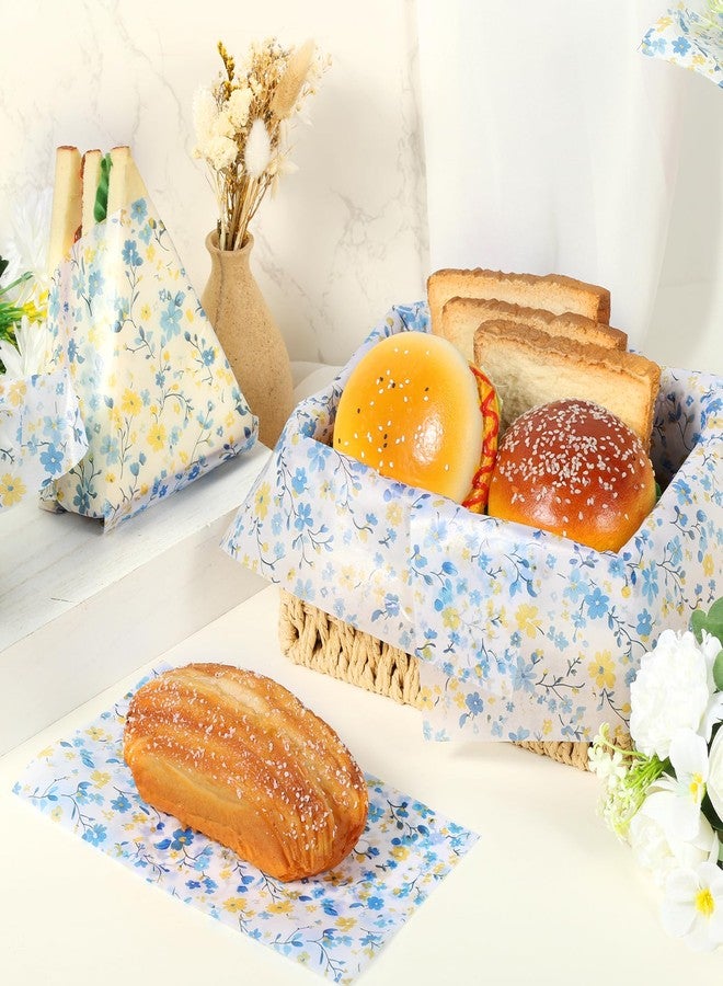 Fabllewavi 150 PCS Spring Wildflower Wax Paper for Food Deli, 9.8 x 8.3 inch Coquette Elegant Blue Floral Patterns Greaseproof Deli Sheets for Sandwich Picnic Basket Liner Spring Party Supplies - Image 4