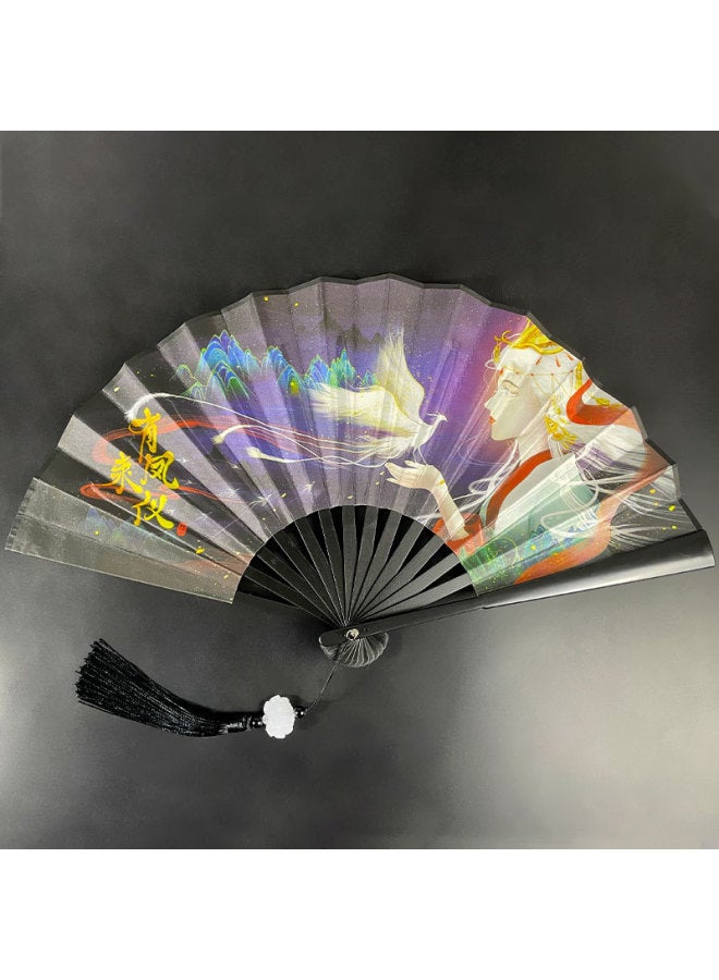 Chinese Style 8 Inch Plastic Fan With Tassel Pendant Antique Domineering Folding Fan Men's Hanfu Dance Silk Cloth Fan Wholesale-Specification:8inch Animal Fan-Colour:8inch Tassel Folding Fan-01 - Image 1