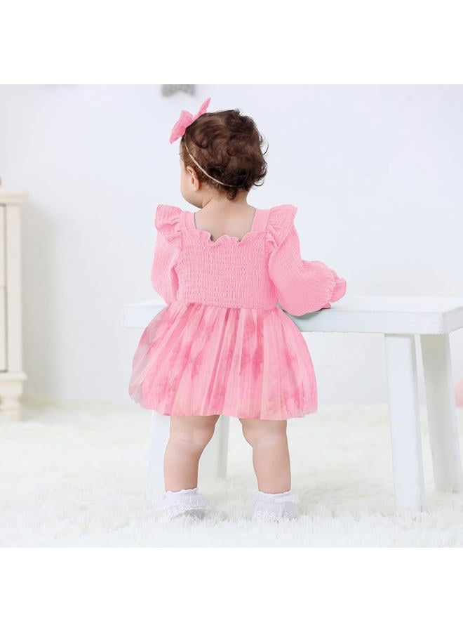 TITKKOP ملابس عيد الميلاد الأول للبنات، بدلة رومبر تول بأكمام طويلة، ملابس لتكسير الكعكة، وردي مع قوس، 9-12 شهر - Image 4