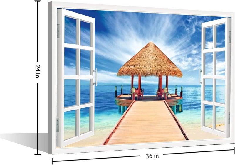 TISHIRON 3D Window Effect Canvas Art Wall Framed Modern Home Decor Beach Coconut Tree View Pictures for Home Living Room Dining Room Wall Decor Posters Prints Ready to Hang - 36" W x 24" H - Image 5