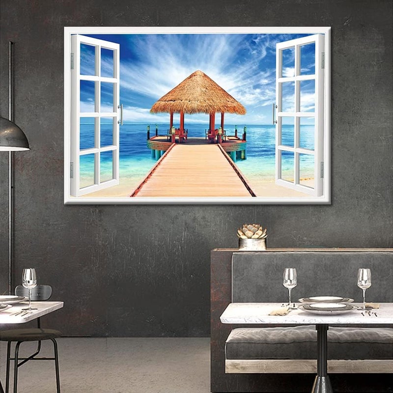 TISHIRON 3D Window Effect Canvas Art Wall Framed Modern Home Decor Beach Coconut Tree View Pictures for Home Living Room Dining Room Wall Decor Posters Prints Ready to Hang - 36" W x 24" H - Image 2