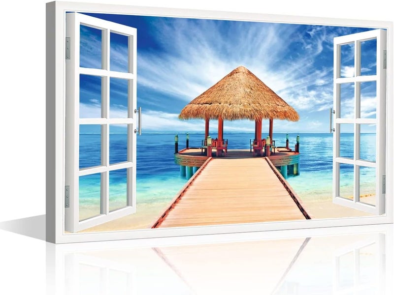 TISHIRON 3D Window Effect Canvas Art Wall Framed Modern Home Decor Beach Coconut Tree View Pictures for Home Living Room Dining Room Wall Decor Posters Prints Ready to Hang - 36" W x 24" H - Image 1