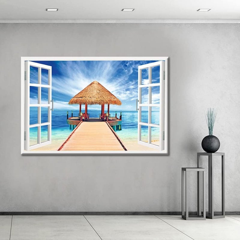 TISHIRON 3D Window Effect Canvas Art Wall Framed Modern Home Decor Beach Coconut Tree View Pictures for Home Living Room Dining Room Wall Decor Posters Prints Ready to Hang - 36" W x 24" H - Image 3