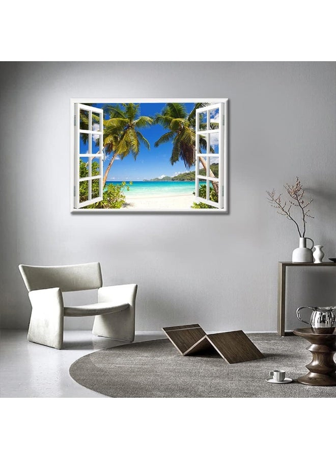 TISHIRON 3D Window Effect Canvas Art Wall Framed Modern Home Decor Beach Coconut Tree View Pictures for Home Living Room Dining Room Wall Decor Posters Prints Ready to Hang - 36" W x 24" H - Image 4