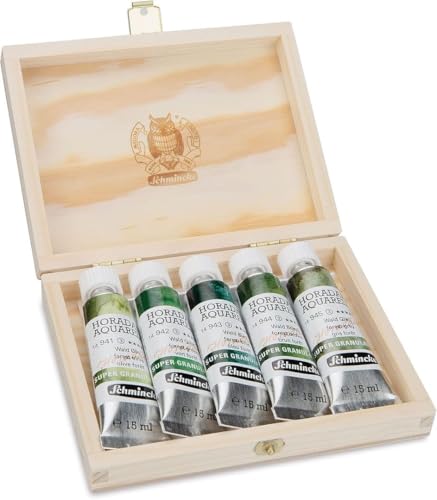 Schmincke - HORADAM® AQUARELL, Super-Granulation Set Forest, 5 x 15 ml tubes, 74 851 097, wooden box, very strong granulating watercolors - Image 4