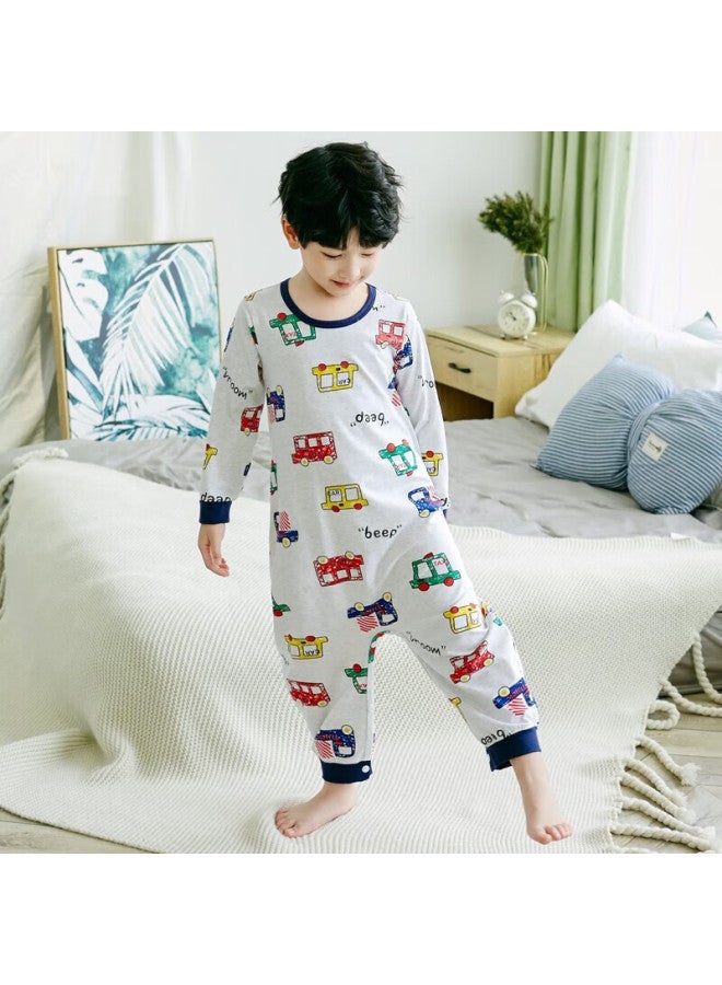 Shanbaomay Autumn Children's Long-sleeved Jumpsuit Pajamas Thin Combed Cotton Boys' Home Wear Light Grey Small Car 100cm - Image 1