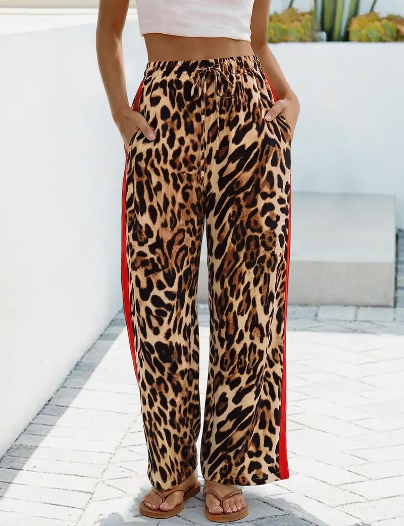 Rapbin Cheetah Pants for Women Business Casual Outfits Elastic Waist Work Trousers Flowy Wide Leg Pants with Pockets (Leopard 2-M) - Image 3