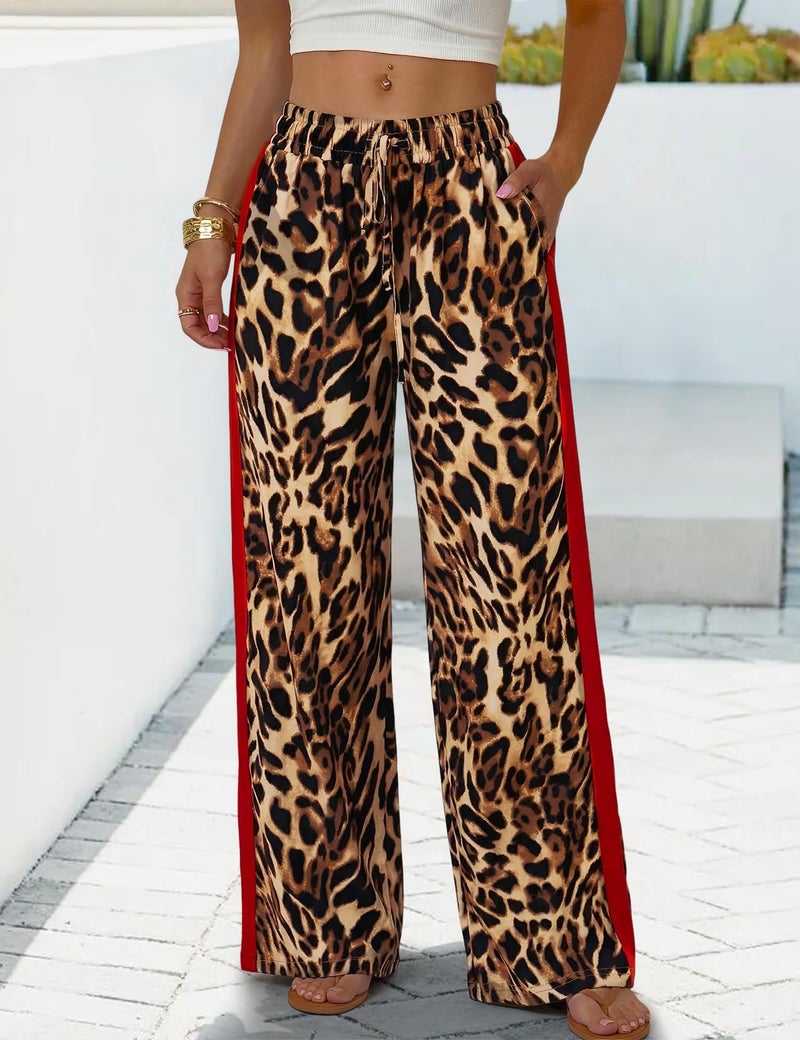 Rapbin Cheetah Pants for Women Business Casual Outfits Elastic Waist Work Trousers Flowy Wide Leg Pants with Pockets (Leopard 2-M) - Image 2