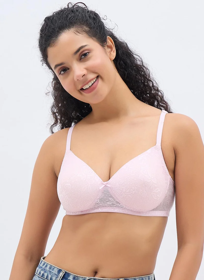 كلوفيا Clovia Lightly Padded Non-Wired Full Coverage Bra in Baby Pink - Lace