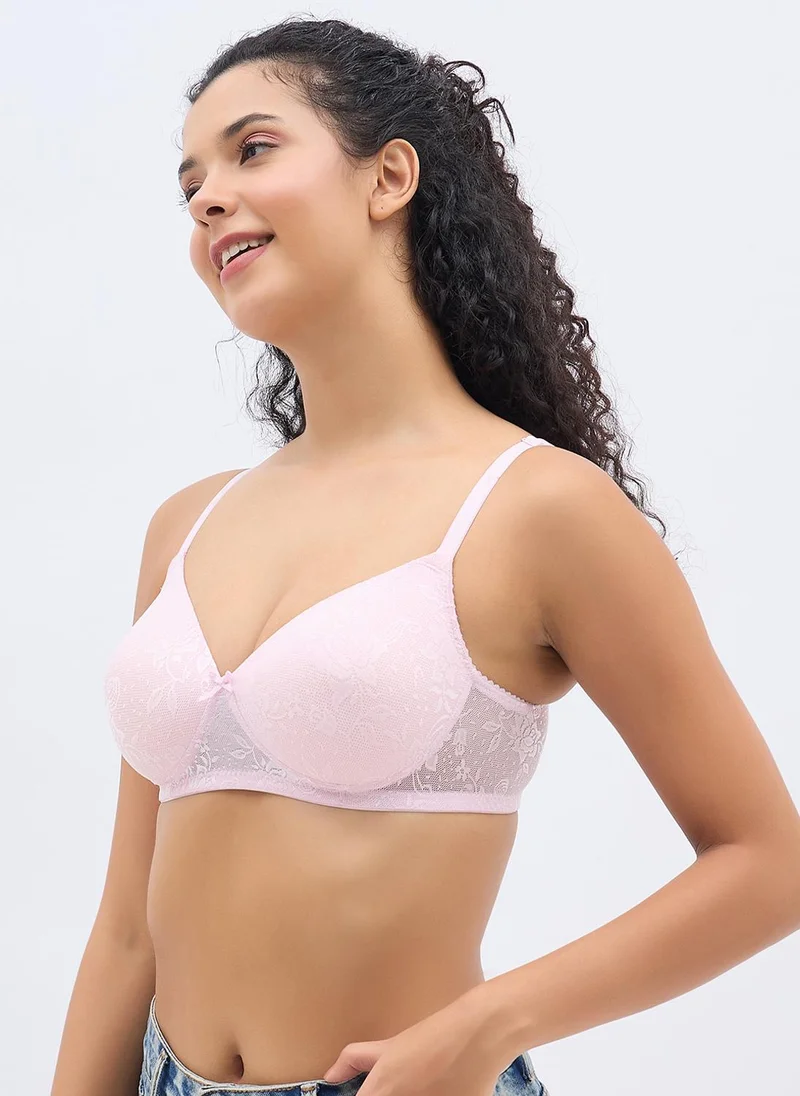 Clovia Pink Clovia Lightly Padded Non-Wired Full Coverage Bra in Baby Pink - Lace for Women | Best Price UAE