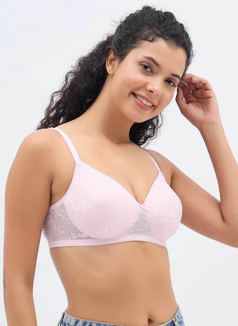 Clovia Pink Clovia Lightly Padded Non-Wired Full Coverage Bra in Baby Pink - Lace for Women | Best Price UAE