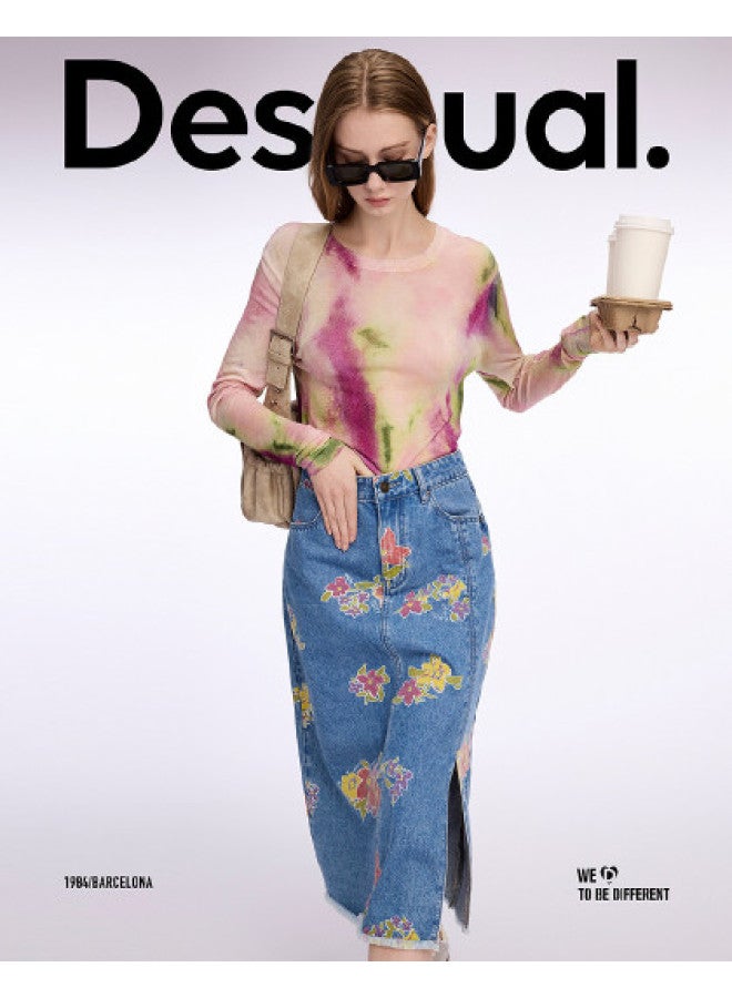 DESIGUAL floral Print Split Midi Denim Skirt - Image 1