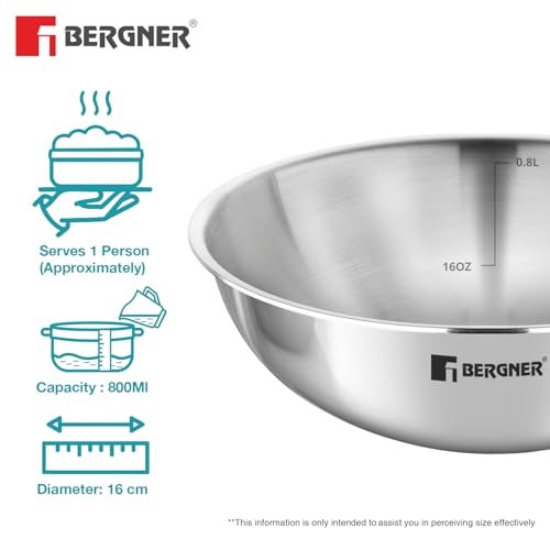 BERGNER Argent TriPly Stainless Steel 2 Pcs Tasra Set - 16cm (900ml) and 18cm (1L), Less Oil Use, Healthy Cooking, Even and Faster Heat Distribution, Easy to Clean - Induction and Gas Stove Ready - Image 4