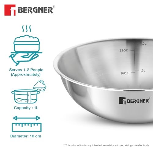 BERGNER Argent TriPly Stainless Steel 2 Pcs Tasra Set - 16cm (900ml) and 18cm (1L), Less Oil Use, Healthy Cooking, Even and Faster Heat Distribution, Easy to Clean - Induction and Gas Stove Ready - Image 5