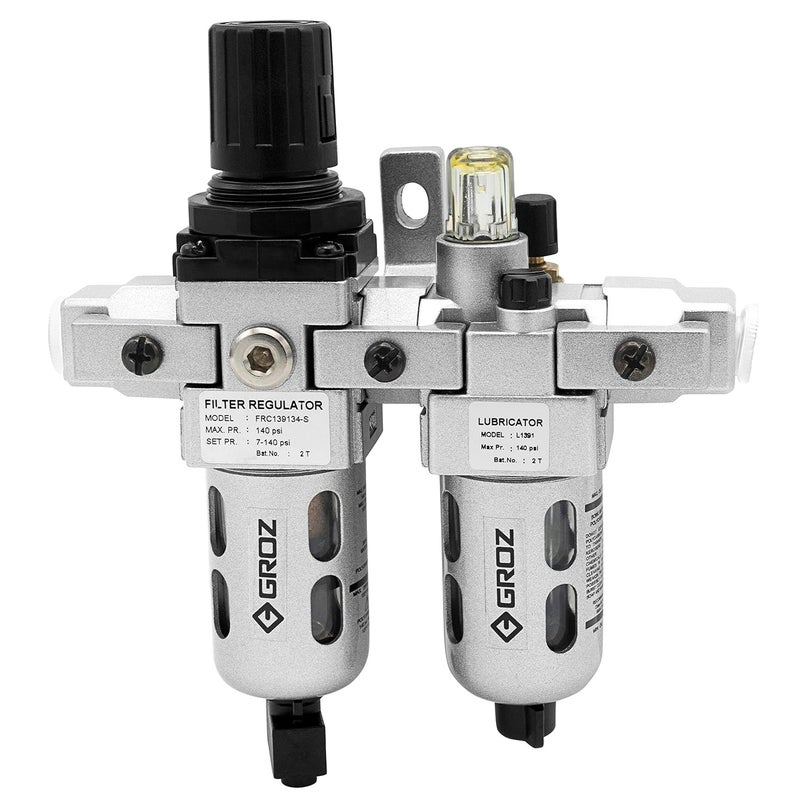 GROZ 60450 Air Filter - Regulator Combination and Lubricator - Modular 2 Piece, Polycarbonate Bowl, Miniature-1/4” NPT, 18 CFM - Image 1