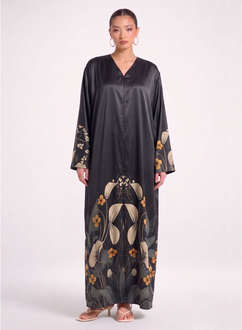 Next Abaya Luxury Botanical Tulip Border Print Silk Closed Abaya Black and Gold Maxi Dress - Image 1