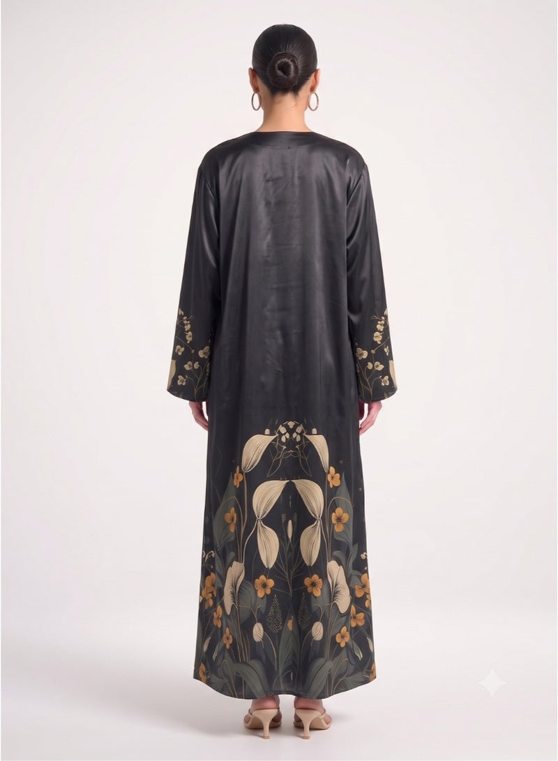Next Abaya Luxury Botanical Tulip Border Print Silk Closed Abaya Black and Gold Maxi Dress - Image 2