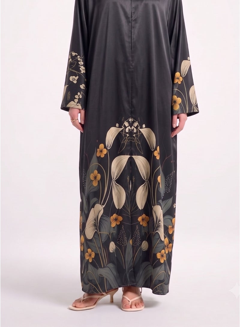 Next Abaya Luxury Botanical Tulip Border Print Silk Closed Abaya Black and Gold Maxi Dress - Image 3