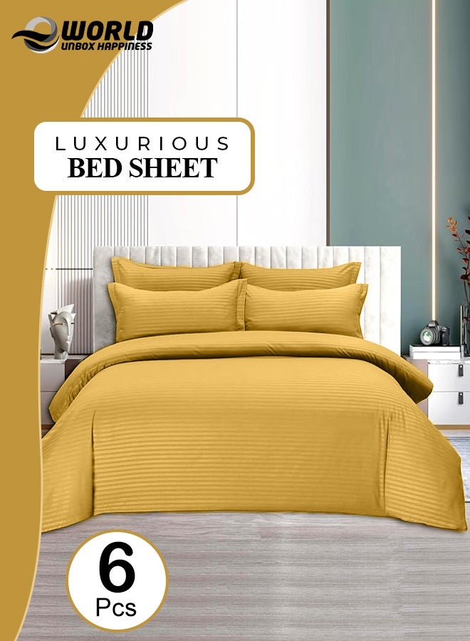 Eworld 6-Piece Premium King Size Bedding Set, Gold Striped Design and High-Quality Microfiber Hotel Luxury Bedsheet Soft Quilt Cover and Pillowcases - Image 1