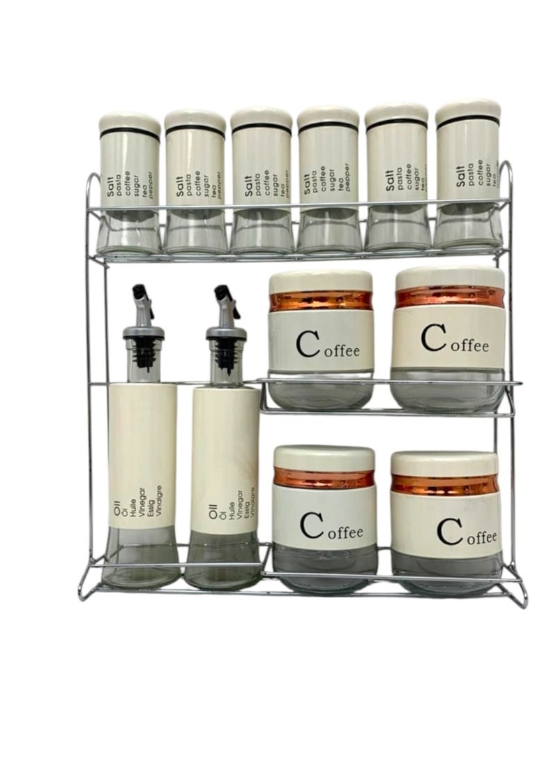 Metal Kitchen Organizer 3-Tier Stand with Glass Jars for Spices, Oil, Vinegar & Coffee - Image 3
