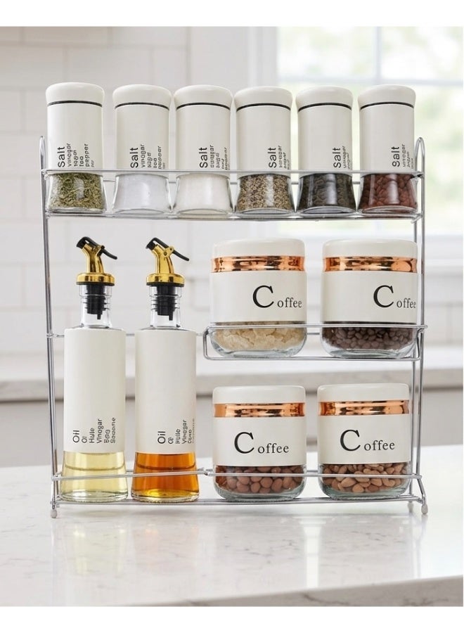 Metal Kitchen Organizer 3-Tier Stand with Glass Jars for Spices, Oil, Vinegar & Coffee - Image 1