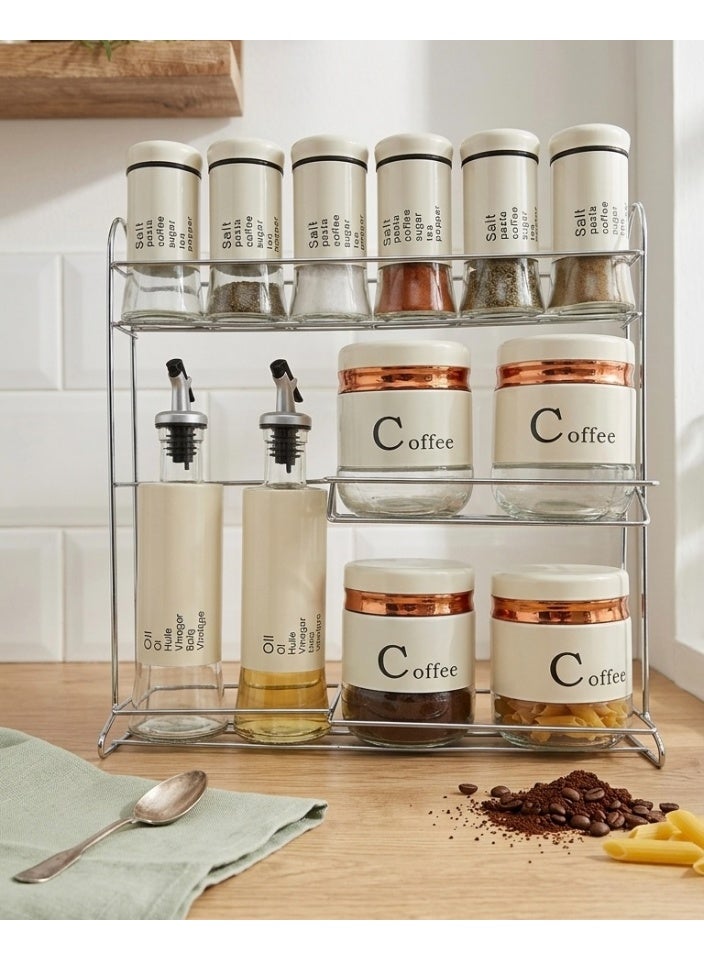 Metal Kitchen Organizer 3-Tier Stand with Glass Jars for Spices, Oil, Vinegar & Coffee - Image 2