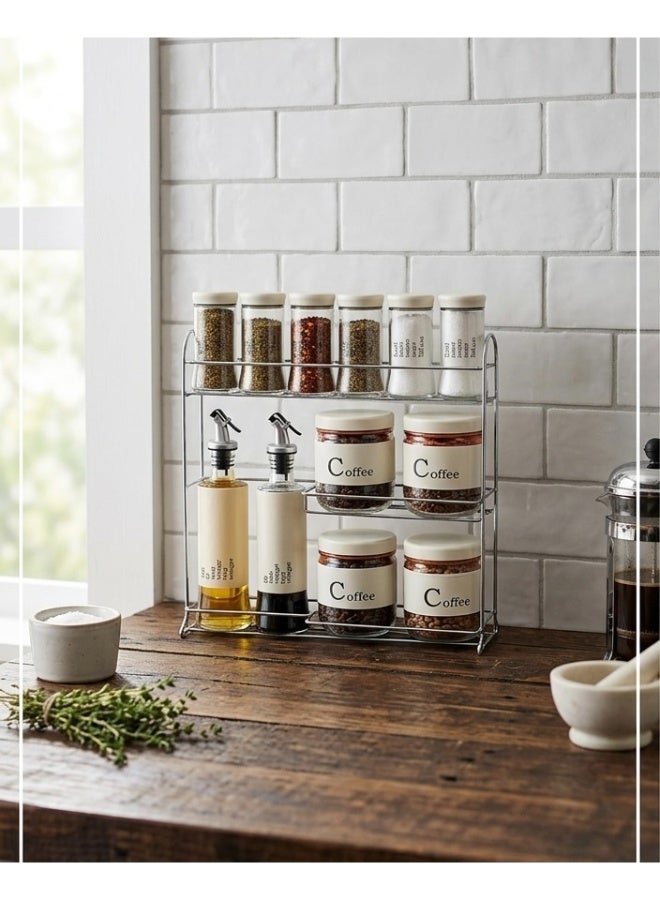 Metal Kitchen Organizer 3-Tier Stand with Glass Jars for Spices, Oil, Vinegar & Coffee - Image 4