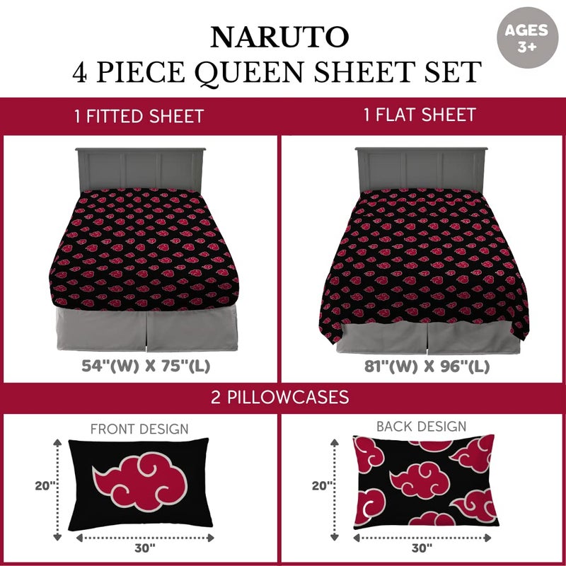 Franco Naruto Akatsuki Anime Bedding Super Soft Microfiber Queen Sheet Set  (Official Licensed Naruto Product) - Image 2