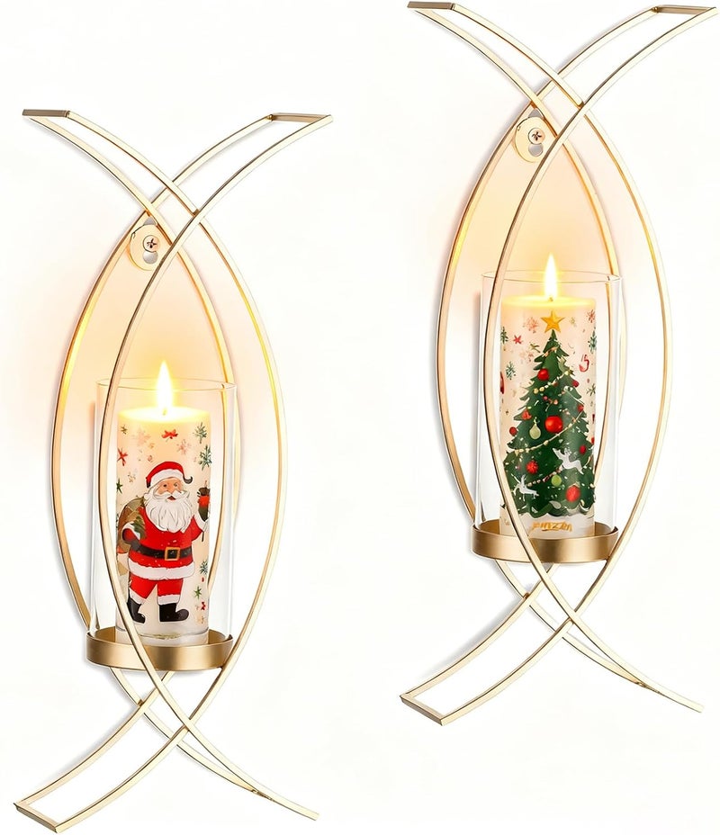 Walasis Sconces Wall Decor Set of 2 Hurricane Candle Holder - Modern Decorative Candle Wall Sconce Golden Metal Wall Mount Gold Decorations for Living Room Bedroom Bathroom Hallway Outdoor - Image 1
