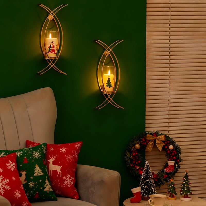 Walasis Sconces Wall Decor Set of 2 Hurricane Candle Holder - Modern Decorative Candle Wall Sconce Golden Metal Wall Mount Gold Decorations for Living Room Bedroom Bathroom Hallway Outdoor - Image 2