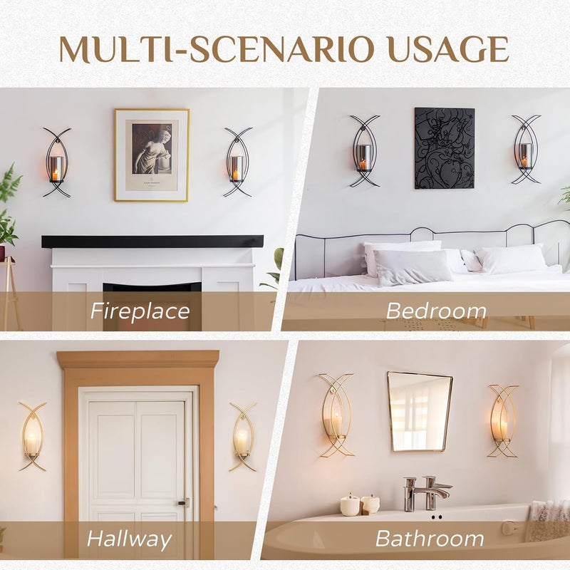 Walasis Sconces Wall Decor Set of 2 Hurricane Candle Holder - Modern Decorative Candle Wall Sconce Golden Metal Wall Mount Gold Decorations for Living Room Bedroom Bathroom Hallway Outdoor - Image 5