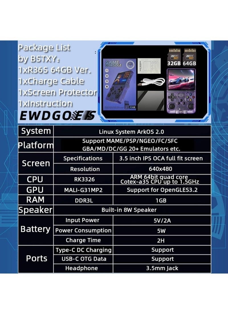 JAJEEK R36S Handheld Retro Gaming Console Linux System with TF Card, Preloaded with 15000+ Games, Retro Video Game Console 3.5-inch IPS Screen (Purple 64G) - Image 3