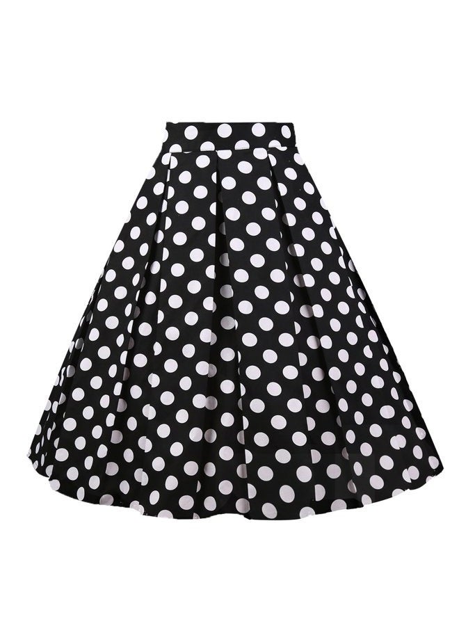 Girstunm Women's Pleated Vintage Skirt Floral Print A-line Midi Skirts with Pockets, Black-white-dot, XL - Image 1