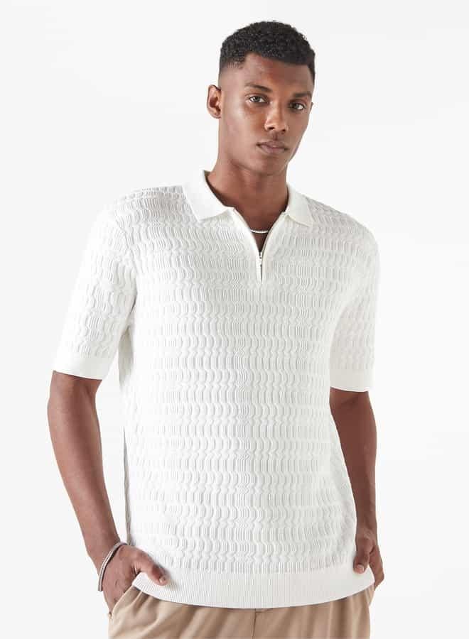 Styli Pique Knit Textured Collar Regular Fit Zip Polo for