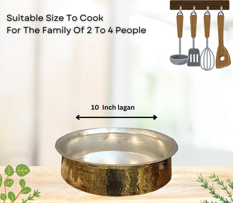 PURI Bartanwala - Brass/Pital Non Stick Lagan for Cooking 10 Inch with Lid and Tin/Kalai Plating Inside Handcrafted (Suitable Size to Cook for The Family of 2 to 4 People) - Image 2