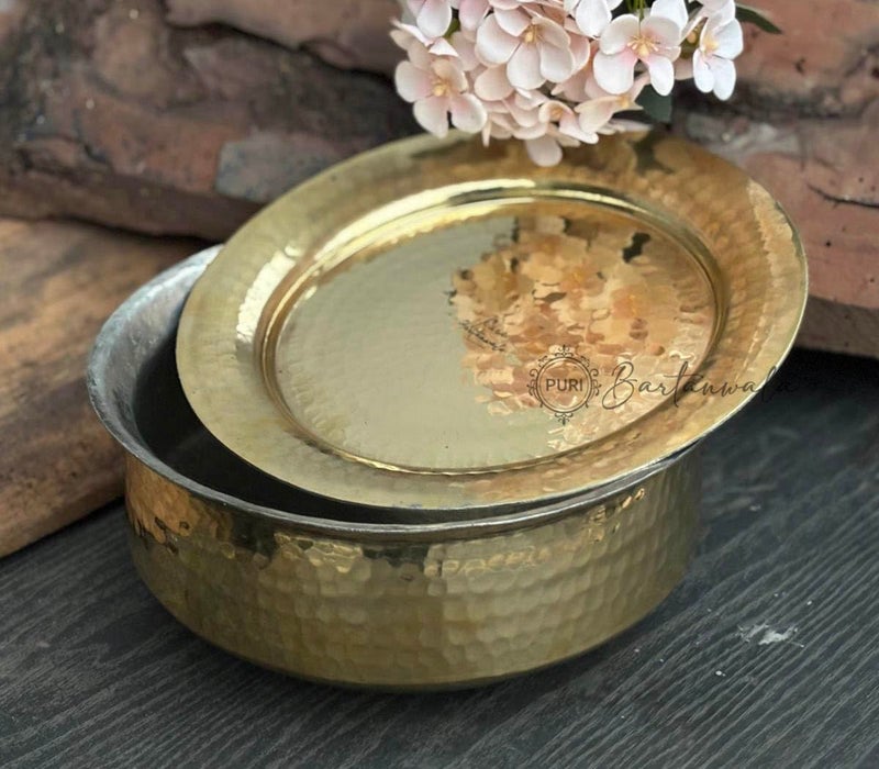 PURI Bartanwala - Brass/Pital Non Stick Lagan for Cooking 10 Inch with Lid and Tin/Kalai Plating Inside Handcrafted (Suitable Size to Cook for The Family of 2 to 4 People) - Image 1