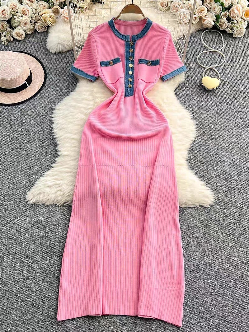 Supply Of Women'S Explosion Denim Stitching Knitted Dress Tight French Short-Sleeved Dress - Image 3