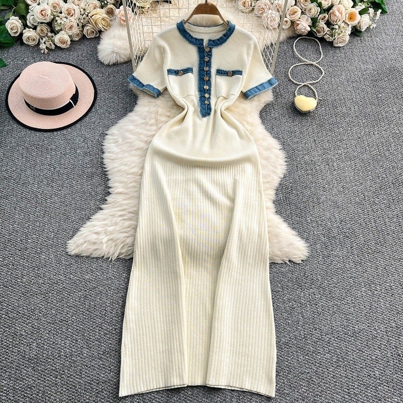 Supply Of Women'S Explosion Denim Stitching Knitted Dress Tight French Short-Sleeved Dress - Image 1
