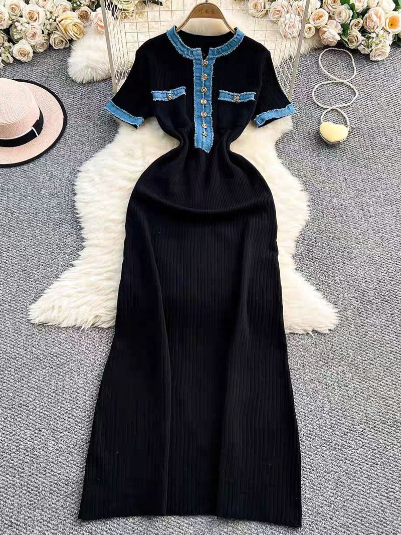 Supply Of Women'S Explosion Denim Stitching Knitted Dress Tight French Short-Sleeved Dress - Image 2
