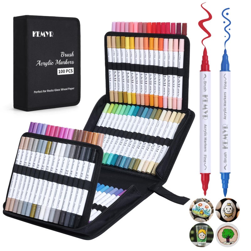 KEMYR 100 Colors Brush Fine Tip Acrylic Paint Pens Dual Tip Acrylic Paint Markers for Paper Wood Canvas Stone Rock Glass Fabric DIY Ceramic Art Supplies for Adults Drawing - Image 2