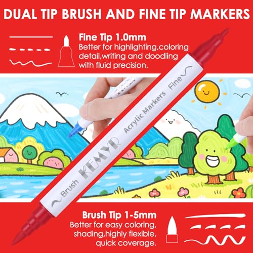 KEMYR 100 Colors Brush Fine Tip Acrylic Paint Pens Dual Tip Acrylic Paint Markers for Paper Wood Canvas Stone Rock Glass Fabric DIY Ceramic Art Supplies for Adults Drawing - Image 3