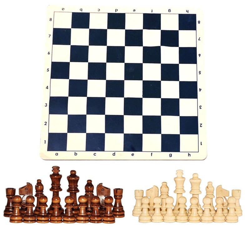 Canbee Chess Pieces and Chess Mat Green or Black Wood Polished 16 Black and 16 Creemy White and 18..2' x18.2' Vinyl Foldable Roll-up Matt Wooden 32 coins 5.7cm King (CHESS MAT BLACK WITH CHESS PIECES) - Image 1