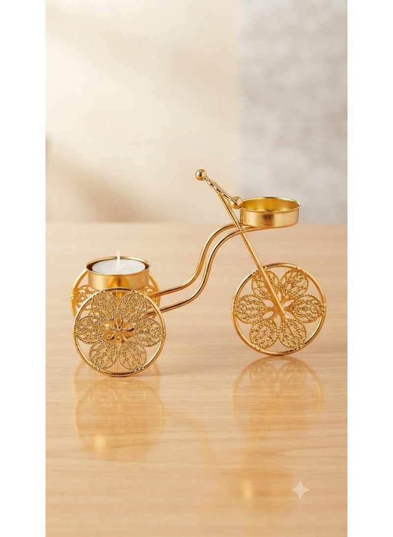 Decorative gold metal candle holder with a classic bicycle (tricycle) design - an ornate candlestick with openwork details for tables and living rooms - Image 1