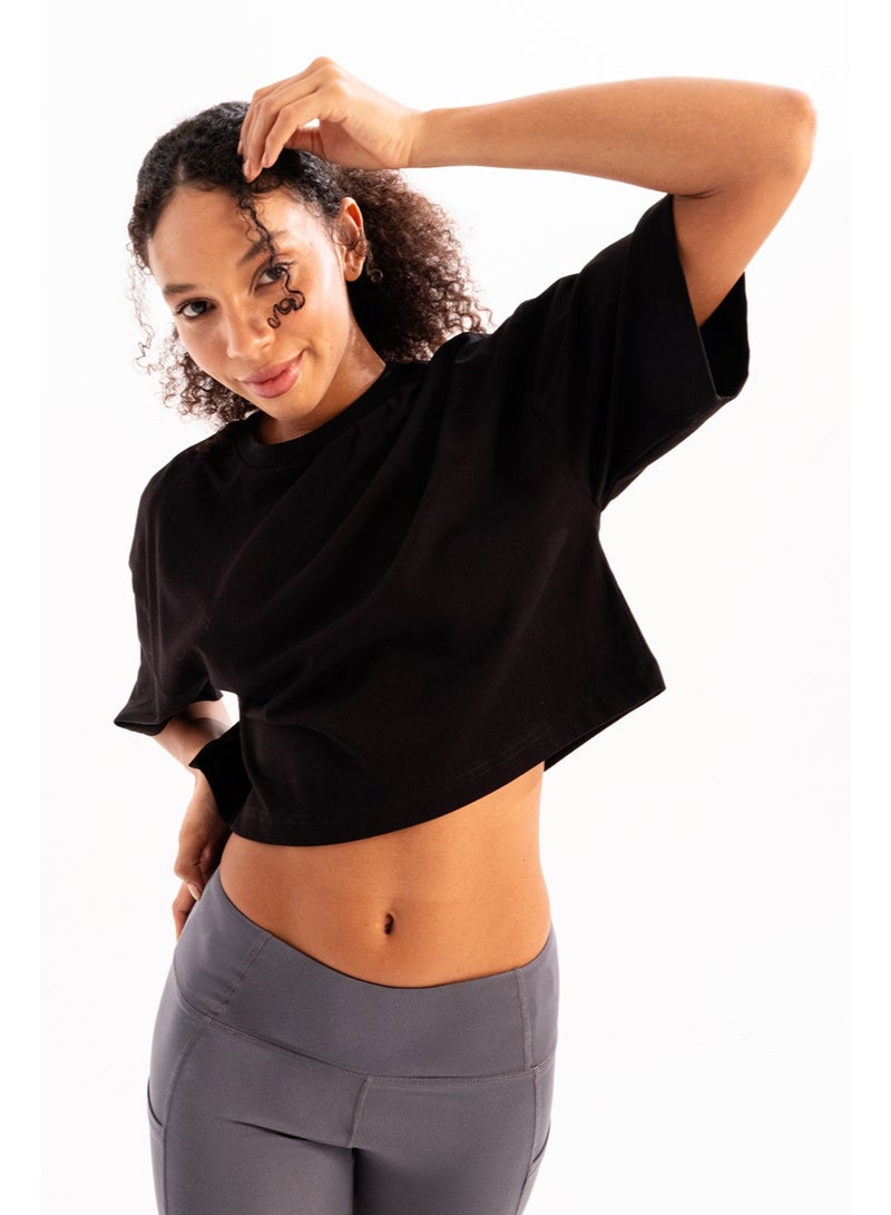 JUSTEVER 100% Cotton Crop Crew Neck Black Women's T-Shirt - Maia - Image 3