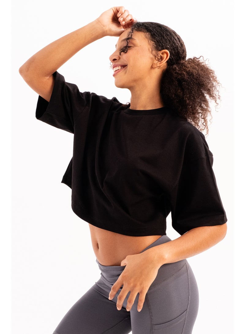 JUSTEVER 100% Cotton Crop Crew Neck Black Women's T-Shirt - Maia - Image 4