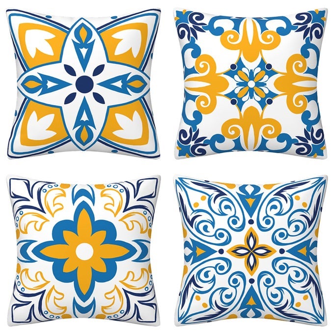 BLUE THROW PILLOW COVERS 18X18 SET OF 4 BLUE AND YELLOW FLORAL PRINTED AND BOHO FARMHOUSE RETRO DECORATIVE THROW PILLOW CUSHION COVERS FOR SOFA BED INDOORS HOME DECOR