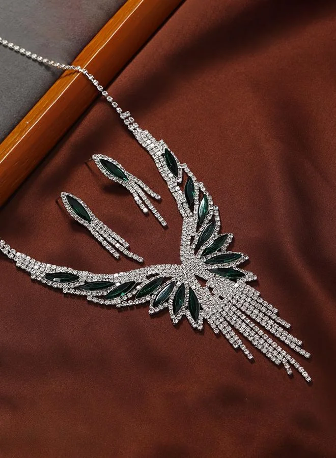 تايك تو Take Two Rhinestone Tassel Detail Necklace and Earrings Set