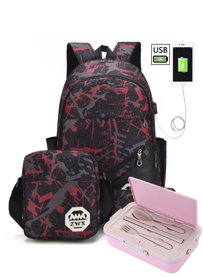 ZWX 4-Piece Back To School USB Student Backpack And Large Lunchbox With Spoon - Image 1